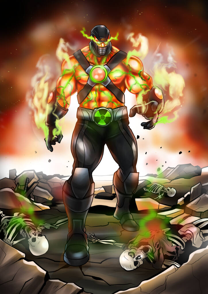 A painting of a man with fire on his chest.