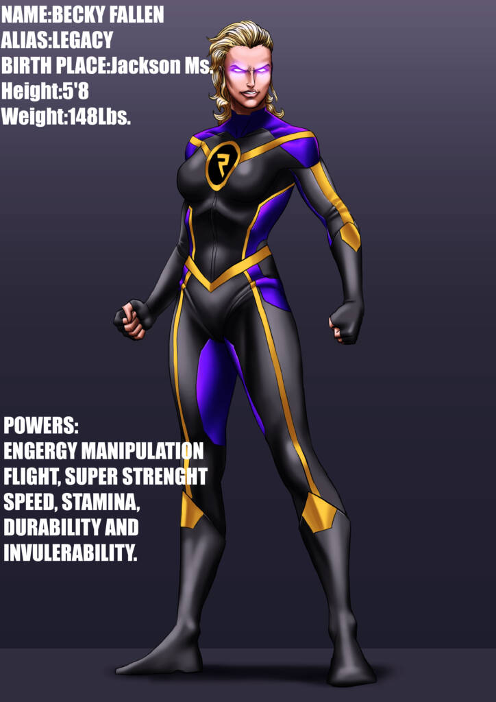 A female superhero standing in front of a black background.