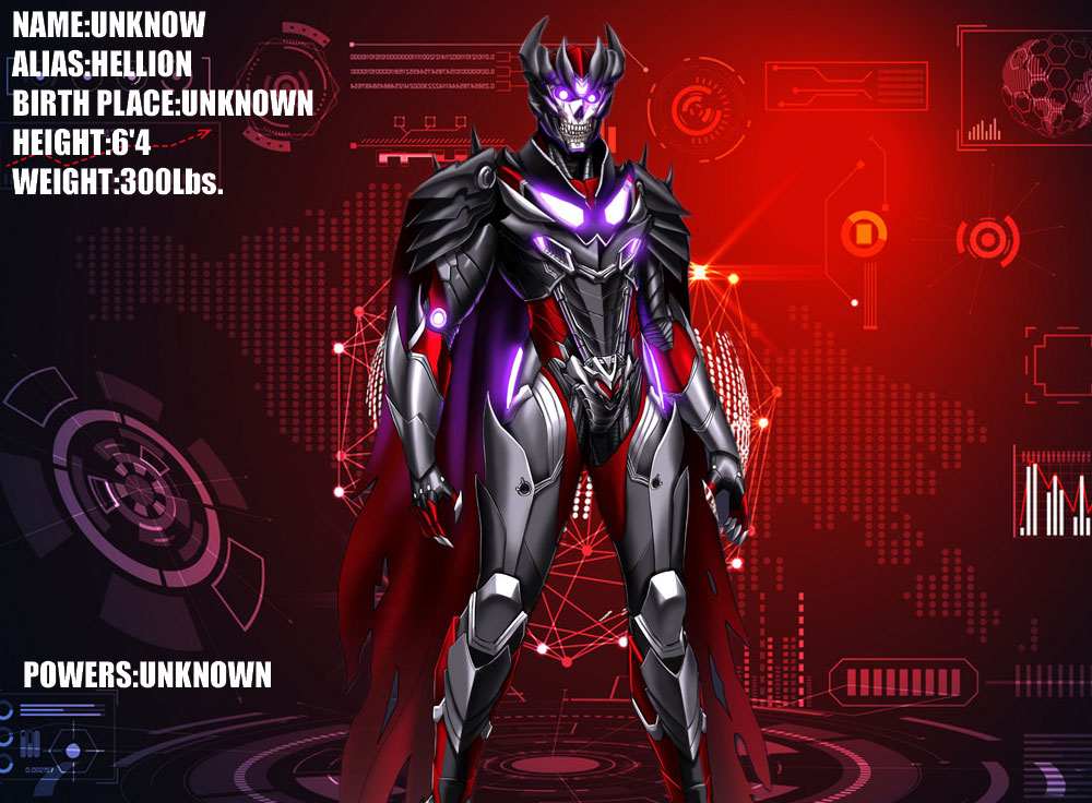 A futuristic character with purple and black armor.