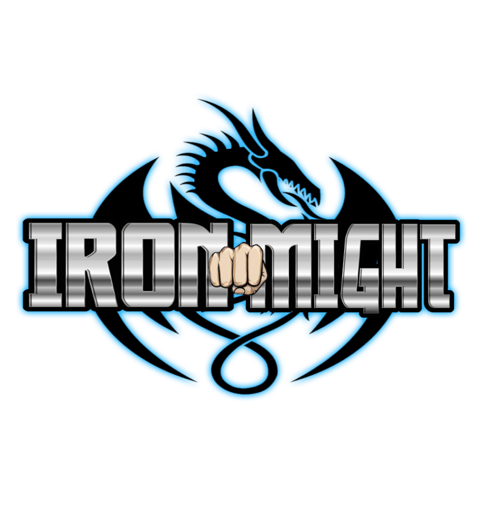 A blue and white logo for iron might.