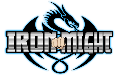 A blue dragon logo with the words iron might written in it.