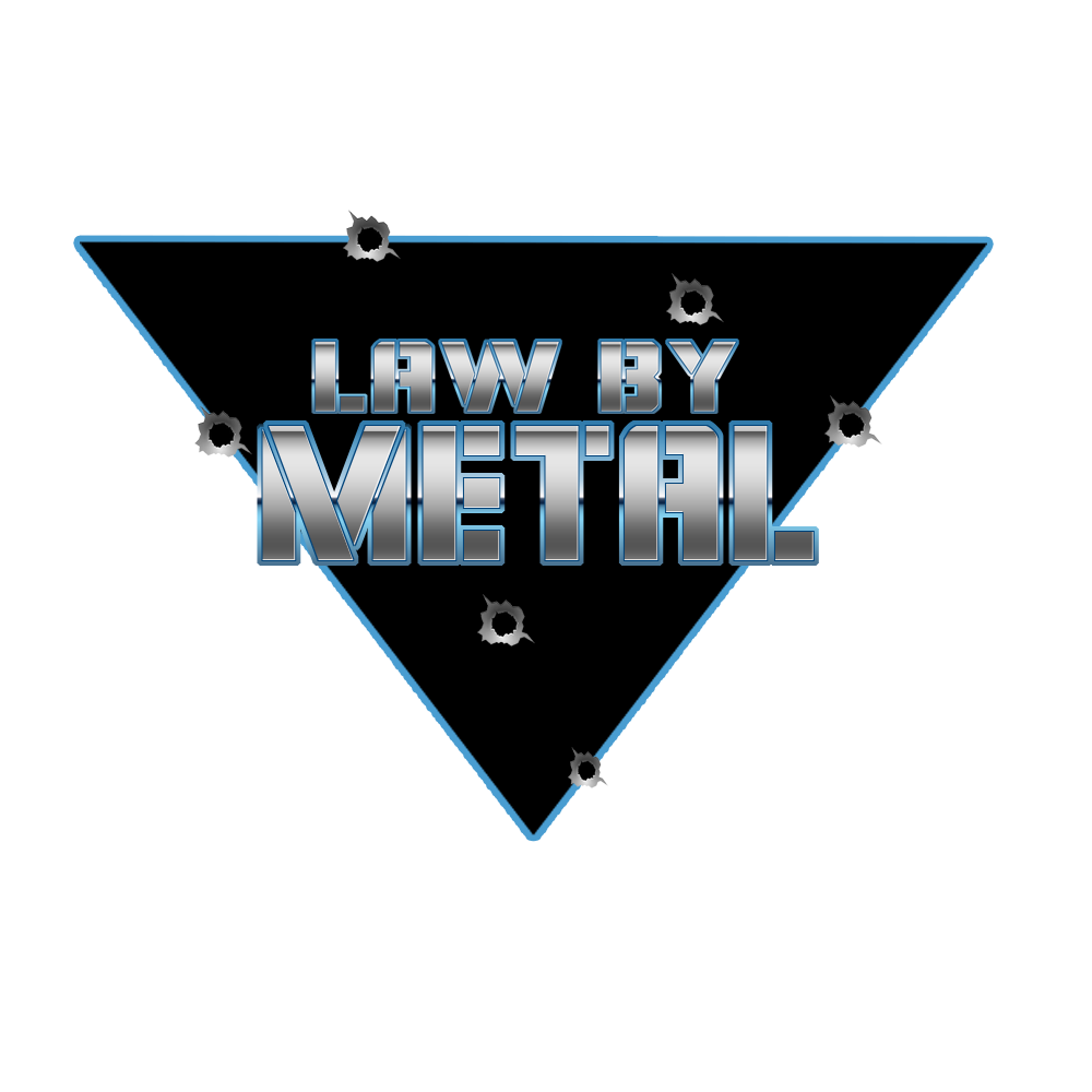 A blue triangle with the words law by metal in it.