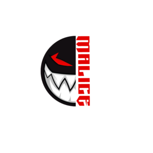 A black and red logo with a face on it.