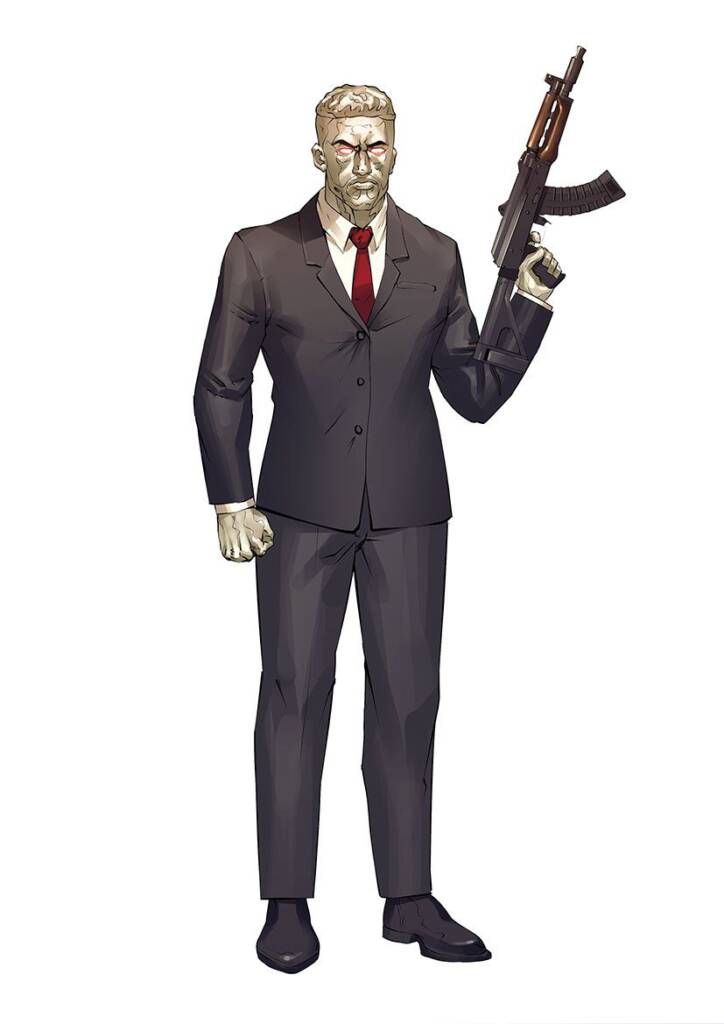 A man in suit and tie holding an ak-4 7.
