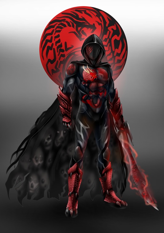 A red and black character standing in front of a heart.