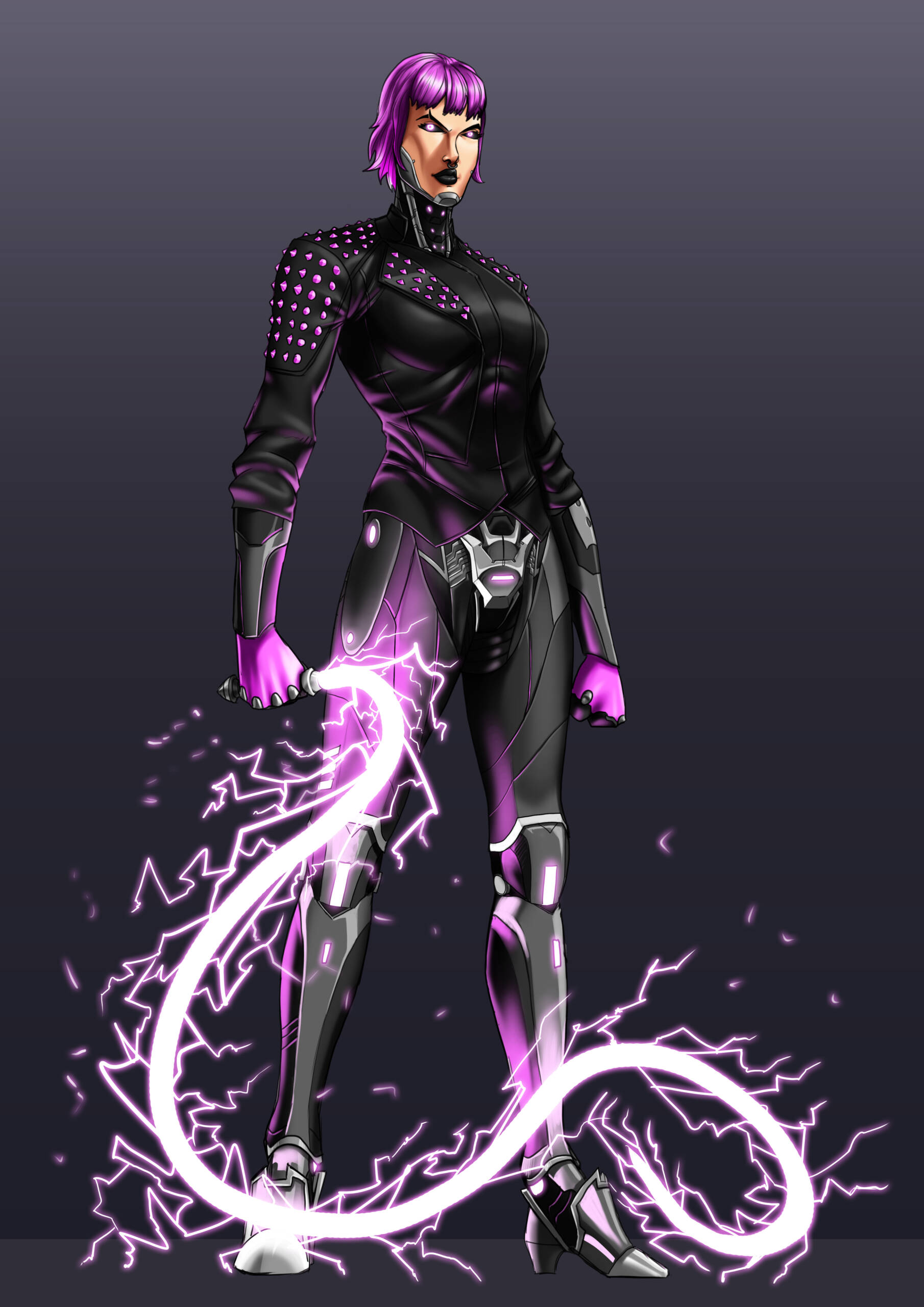A purple and black character with lightning coming out of it.