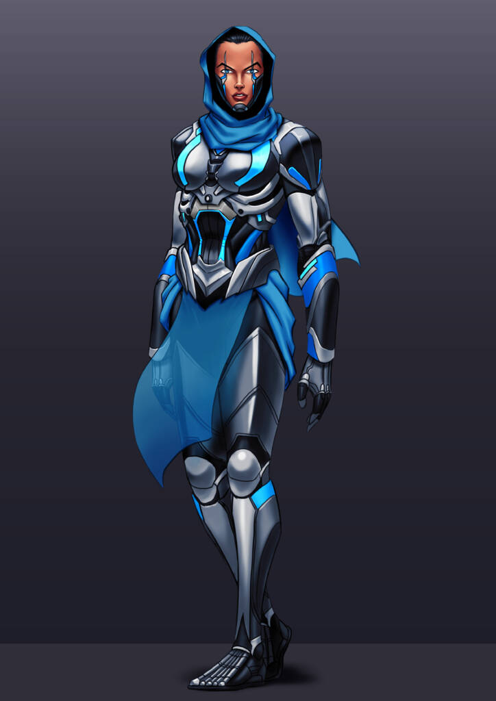 A blue and silver female character standing in front of a black background.