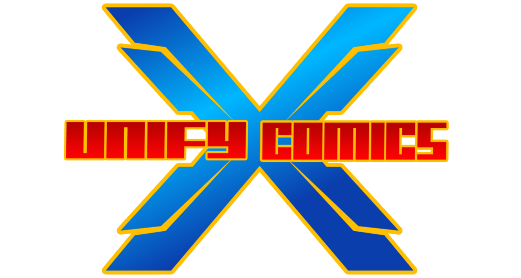 A blue and yellow logo for the comics company.