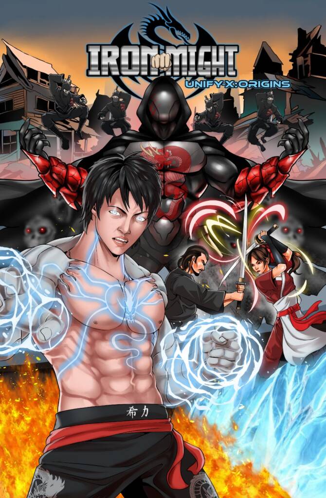 A man with muscles and a body in front of a demon.
