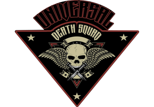 A black and red logo with a skull in the center.