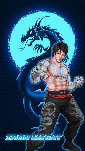 A man with muscles and a dragon on the background