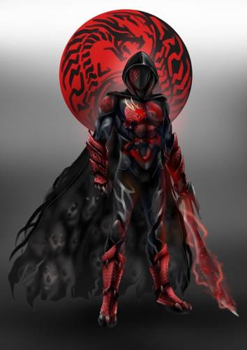 A red and black character standing in front of a heart.